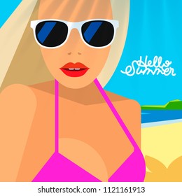 Hello Summer poster, portrait of hot girl on a beach in pink bikini and sunglasses, vector illustration.
