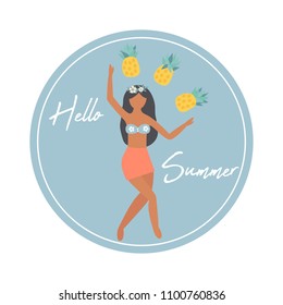 Hello summer poster with pretty girl and pineapples