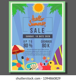 hello summer poster sale with flat style border vector illustration