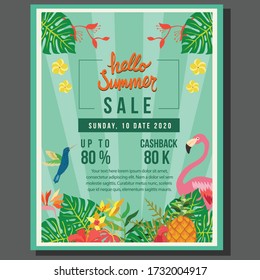 hello summer poster sale with tropical theme flat style vector illustration