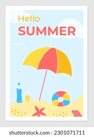 Hello summer poster. Sea beach elements and objects for vacation. Vector illustration of beach umbrella, ball, shell, starfish. Sky with clouds and birds.