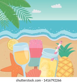 hello summer poster with seascape scene icons