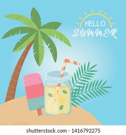 hello summer poster with seascape scene icons