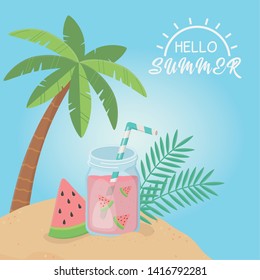 hello summer poster with seascape scene icons