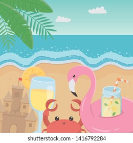 hello summer poster with seascape scene icons