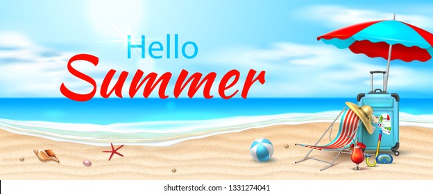 Hello summer poster. Seaside beach with azure waves, lounger sun umbrella, inflatable ball, cocktail and starfish on sand coast. Seashore vector holiday background for travelling and vacation design.