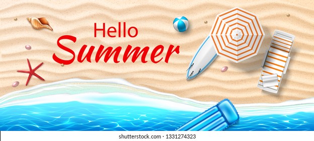 Hello summer poster. Seaside beach with azure waves, lounger sun umbrella, surfboard, inflatable mattress, ball and starfish on sand coast. Seashore vector holiday background for travelling design.