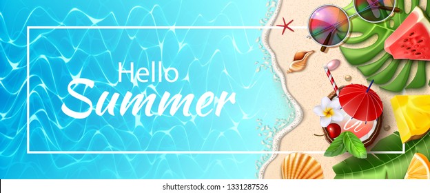 Hello summer poster. Seaside beach with azure waves, sunglasses tropical leaves, fruits and cocktails on seashore. Vector summer party, holiday background for travelling and vacation design.
