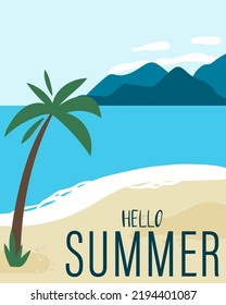 Hola afiche de verano. Playa con palmeras. Arena, montañas y océano, paisaje paradisíaco, tarjeta de vacaciones de verano con texto, antecedentes de viaje. Banner de resort tropical. Ilustración de la playa del vector