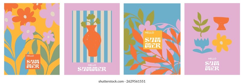 Hello Summer Poster Set – Bold Floral Vector Illustrations with Retro Typography and Vases, Playful Botanical Art in Bright Colors for Seasonal Wall Decor, Greeting Cards, and Social Media