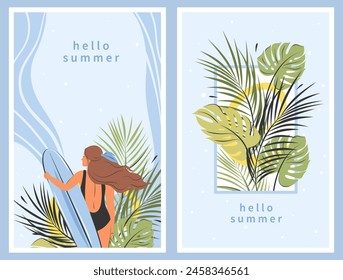 Hello Summer poster set, card  with woman in bikini on the beach with surfboad. Water extreme sport, travelling, summer vacation, tourism, holiday. Vector illustration with place for text