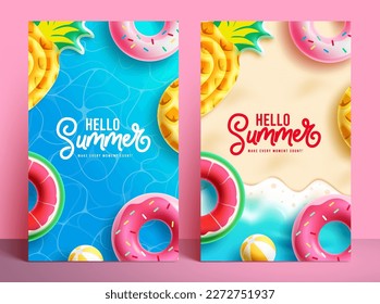 Hola diseño de conjunto de afiches de verano. Hola texto de verano con elemento inflable del flotador en segundo plano. Diseño de la colección de saludos de verano de la ilustración vectorial.