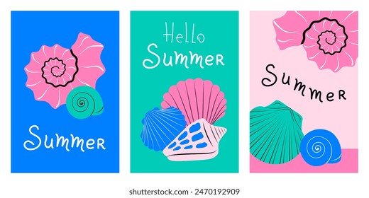 Hello summer poster set with seashells and handwritten lettering. Vector illustration in minimalist flat style. Art for poster, postcard, banner background, sale banner