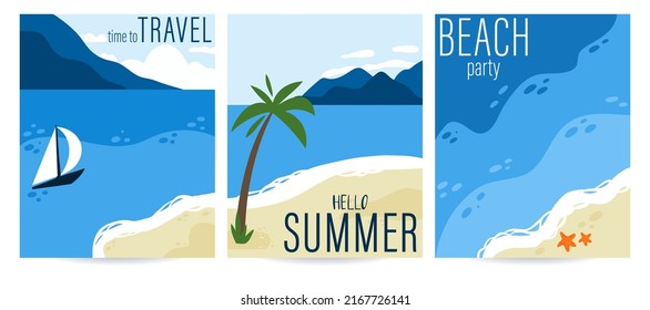 Hello summer poster set. Seaside with palm. Sand, mountains and ocean, paradise landscape, summer vacation card with text, travel background. Tropical resort banner. Vector beach illustration