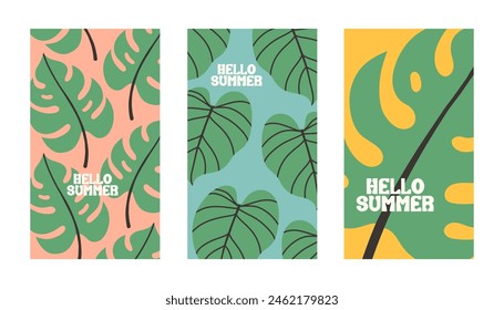 Hola poster de verano con hojas tropicales en estilo plano. Arte para póster, postal, arte de la pared, fondo de Anuncio