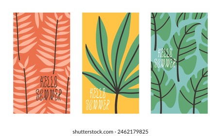 Hello summer poster set with tropical leaves in flat style. Art for poster, postcard, wall art, banner background