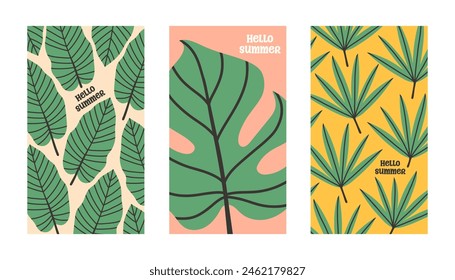 Hello summer poster set with tropical leaves in flat style. Art for poster, postcard, wall art, banner background