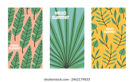 Hola poster de verano con hojas tropicales en estilo plano. Arte para póster, postal, arte de la pared, fondo de Anuncio