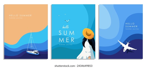 Hello summer poster set. Vertical banners, cards, covers. Summer illustration. Vector illustration. Sea, beach, yacht, seagulls, girl. Modern style.