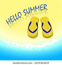 Hello Summer poster. Slippers on the sand and sea. Vector art illustration