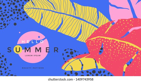 Hello Summer poster with stylized tropical leaves background. Textured exotic palm leaves flat illustration.