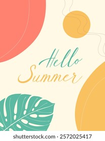 Hello Summer poster with sun and palm leaf, boho style, hand drawn lettering. Vector illustration