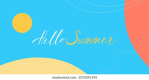 Hello Summer poster with sun and palm leaf, boho style, hand lettering. Vector illustration