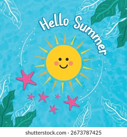 Hello summer poster with sun, starfish, and leaves Vector illustration