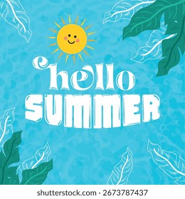 Hello summer poster with sun and tropical leaves Vector illustration