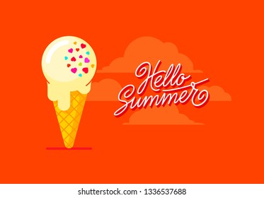 Hello summer poster with text, cute ice cream and clouds. Hand lettering Hello summer sign and cartoon ice cream decorated with hearts. Flat style illustration for animation, site, print and web.