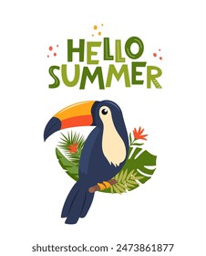 Hello Summer poster with Toucan, exotic bird, tropical flowers, palm leaves, jungle leaves, bird of paradise