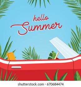 Hello summer poster. Trendy banner presenting summer season with classic retro car and palm leaves against blue sky. Colorful vector illustration.