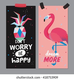 Hello Summer Poster with Trendy Holiday Elements. Trendy Typographic. Scandinavian Style. Vector. Good for Card, Gift Tag, Sticker, Placard, Label. Flamingo, pineapple. Dont Worry, Be Happy. Dream