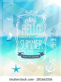 Hola afiche de verano con fondo tropical.