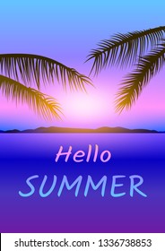 Hello Summer Poster vecotr with palm, mountains on sunset sky