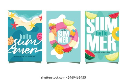 hello summer poster vector illustration, Perfect for posters, social media, labels, and backgrounds. Featuring beach scenes, tropical fruits, and cheerful quotes