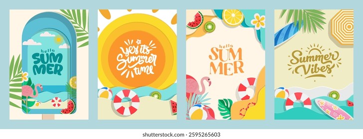 Hello Summer Poster, Summer Vibes, It's summer time, set of modern summer sale social media story template designs with flamingo, pineapple, ice cream and watermelon