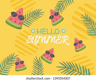 hello summer poster with watermelon characters