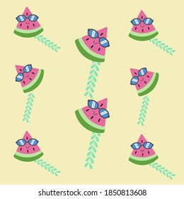 Hello summer poster with watermelon and leaf characters vector illustration design