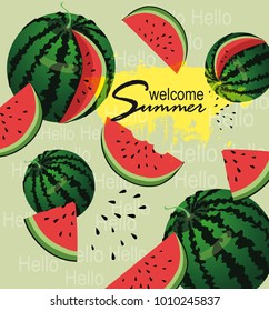 Hello Summer poster with watermelon and sun.Fresh and juicy watermelon. Vector illustration.