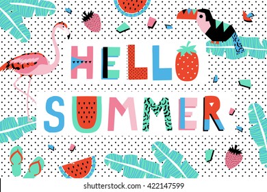 Hello Summer Poster with watermelon, toucan, flamingo and banana leaves. Vector illustration