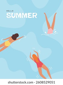 Hello summer poster with women swimming in the sea