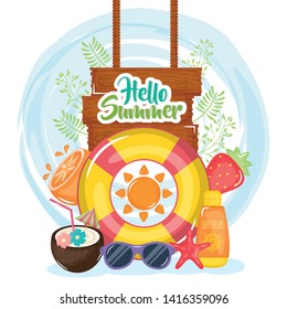 hello summer poster with wooden label and icons