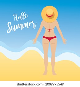 Hallo Summer Poster mit Young Slim Frau in rotem Bikini stehen mit ihrem Rücken Vektor. Schöne Frau mit einem großen Strohhut, der auf dem Strandvektor steht