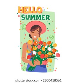 Hello Summer Poster with Young Smiling Woman Holds Colorful Summer Flowers, Showcasing The Beauty Of Nature And The Joy Of Warm Weather. Happy Female Character. Cartoon People Vector Illustration