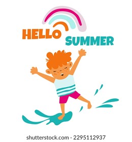 Hola cartel de verano.Niño de dibujos animados salta alegremente.Ilustración vectorial