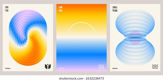  Hello Summer posters. Abstract gradient cover background set with beach, seashell, sun, wave. Trendy vibrant gradient layout template for social media, app, banner, card, promotion design. Vector

