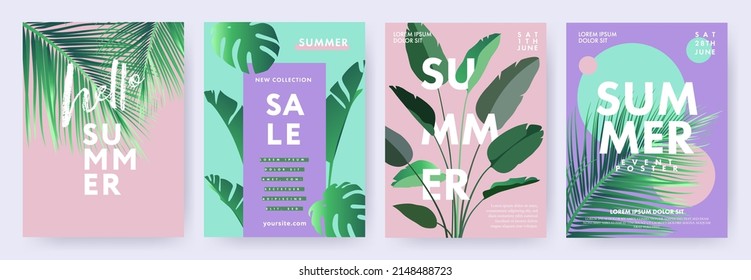Hello Summer posters or covers with abstract tropical leaves and modern typography. Design templates for branding, advertising, promo events and sale.Tropical Summer set in minimalist style.
