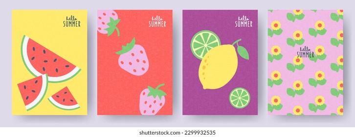 Hello Summer posters or covers set. Trendy modern art. Cartoon, minimal, abstract contemporary style. Summer card, banner, label templates with fruits watermelon, lemon, lime, strawberry and flowers