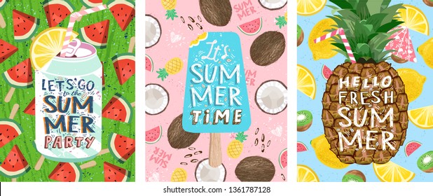 Hello summer! Posters for a fun club party. Set of cute vector illustrations of ice cream, tropical fruits, soda, pineapple, lemon, coconut, watermelon, cocktail for background, card, cover or banner.